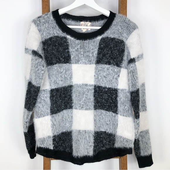 Hippie Rose Sweaters - 44- Hippie Rose black and white Buffalo plaid fuzzy sweater size M